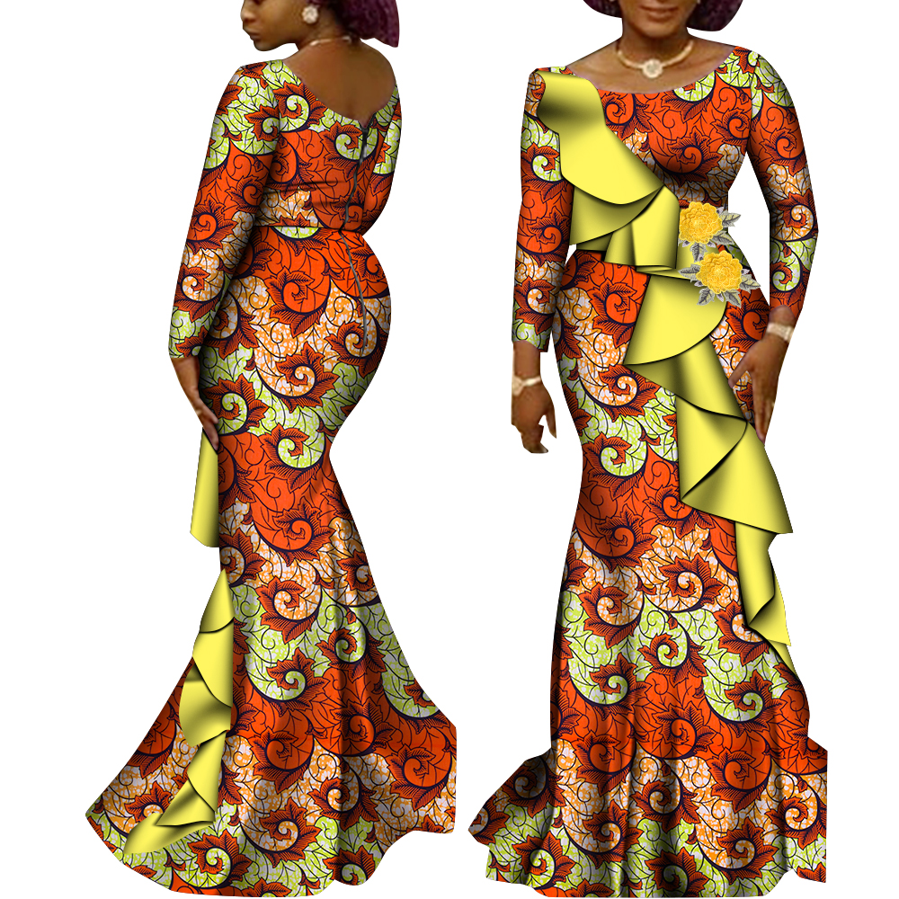 Robes africaines à manches longues pour femmes, en coton imprimé Ankara, vêtements africains pour vêtements de mariage, robes de soirée Dashiki WY9200