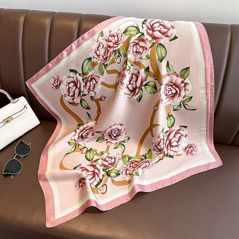 Foulard carré en soie tendance pour femme, bandeau imprimé fleurs, châle en satin, écharpe, bandeau pour cheveux, bandana, hijab pour femme