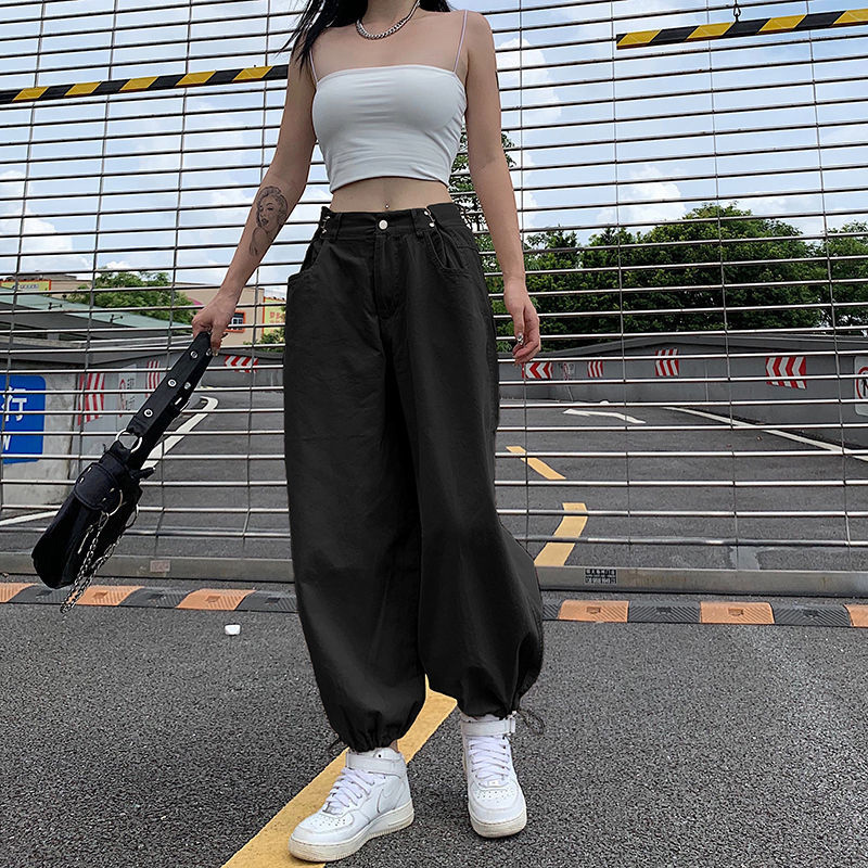 Pantalon cargo monochrome pour femme, bloomers à poches assorties, streetwear décontracté, vêtements de printemps et d'automne, mode féminine