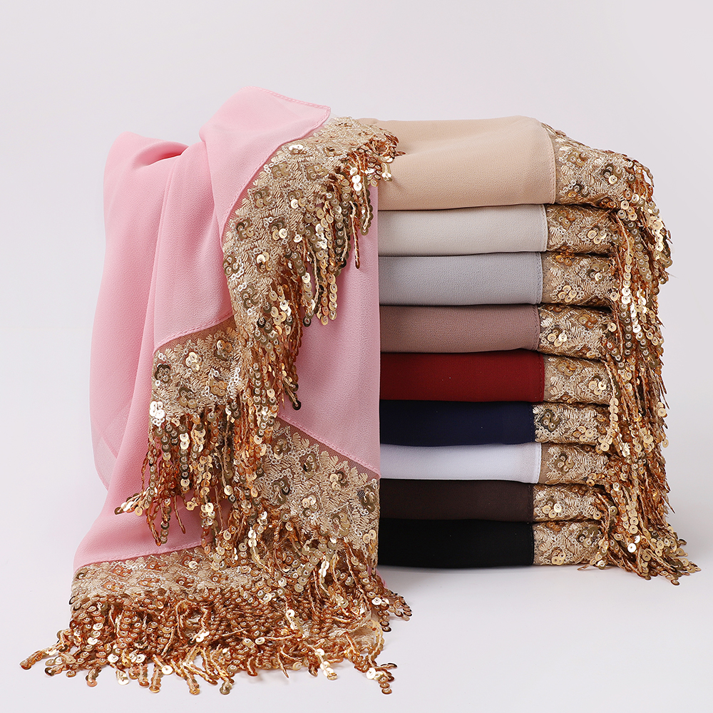 Châles en mousseline de luxe à sequins et pompons, hijabs, foulards longs unis pour femmes musulmanes, couvre-chefs pour mariage, Ramadan, Aïd