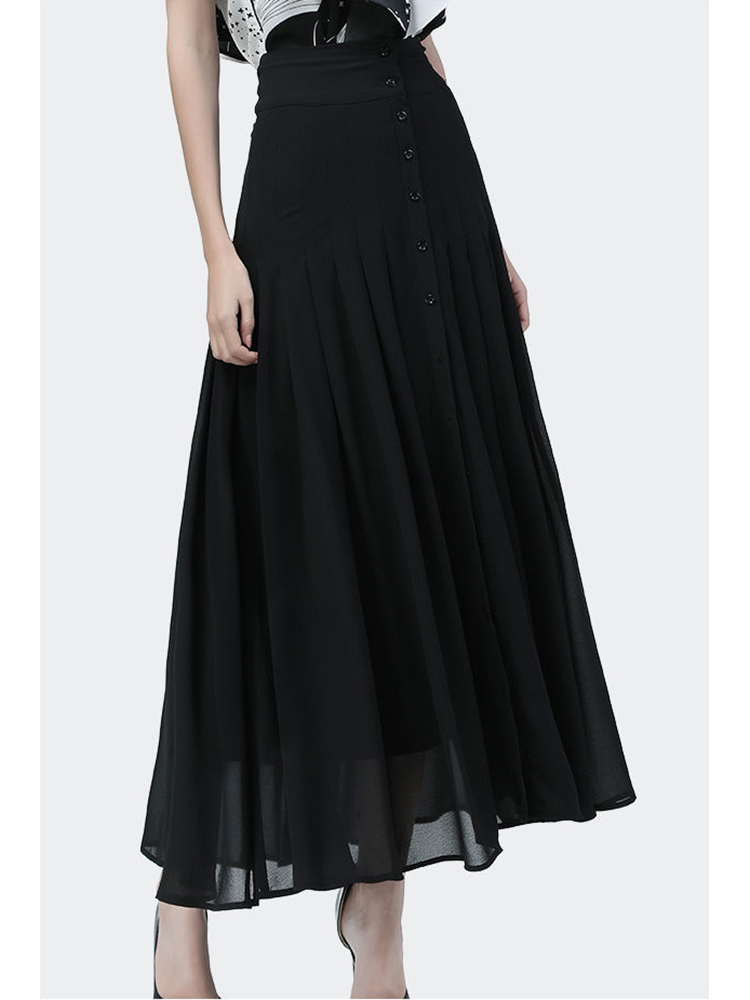 Jupe mi-longue élégante pour femmes, taille haute, Sexy, fente à boutons, maille, longue gaze, jupes plissées d'été, noires
