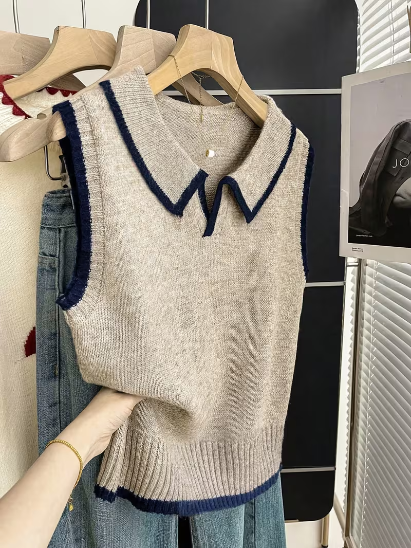 Gilet en tricot pour femme avec col polo, détails de passepoil contrastant, doux, polyvalent et facile à porter