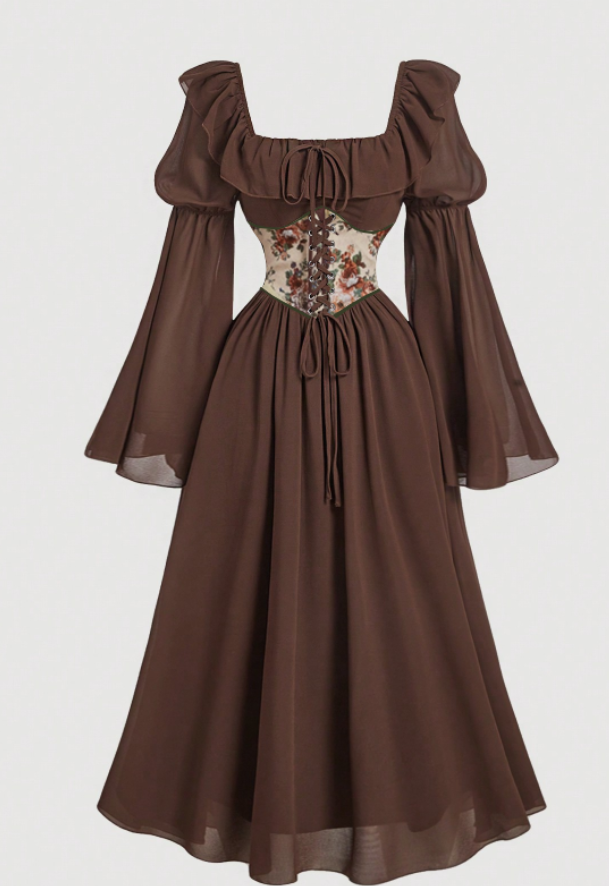 Robe vintage victorienne en mousseline pour femmes grandes tailles, col carré, bordure à volants, manches longues évasées, taille corsetée, robe midi coupe A-ligne F