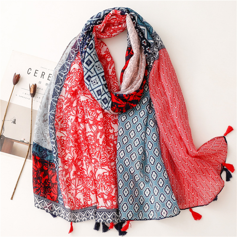 Écharpe Fine et Douce 100% Viscose pour Femme, Châle à Pompon Floral, Patchwork Aztèque, Hijab Musulman Féminin, Mode 2023
