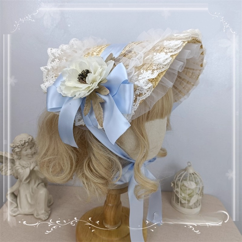 Chapeau Lolita multicolore fait à la main, Bonnet plat, Style pastoral, paille Lolita BNT, chapeau de cérémonie de Style ancien pour l'été