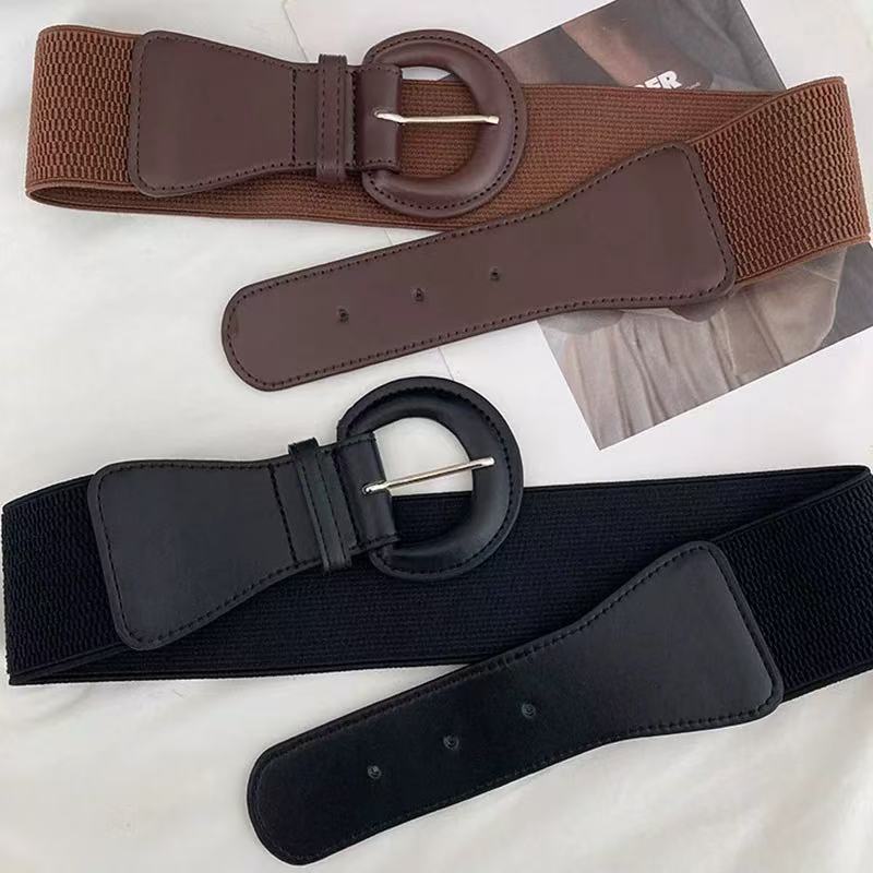 Ceinture pour femmes européennes et américaines-mode décorative manteau polyvalent costume ceinture élastique cuir noir en forme de D Be