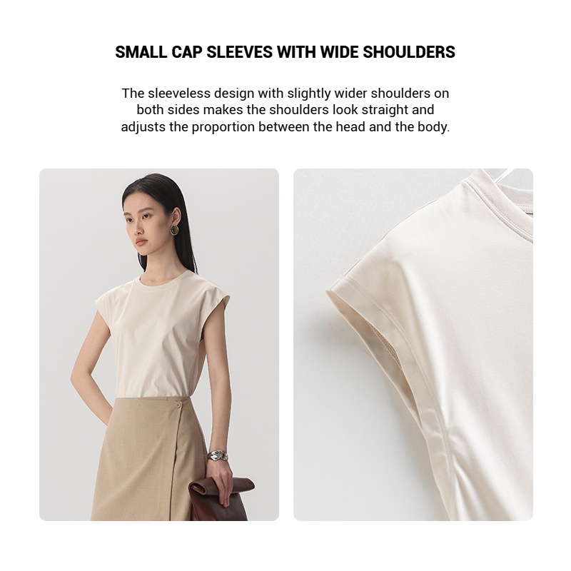 T-shirt sans manches en coton mercerisé 10% soie pour femmes, débardeur, sensation soyeuse, vêtements rafraîchissants d'été, col rond, haut de gamme
