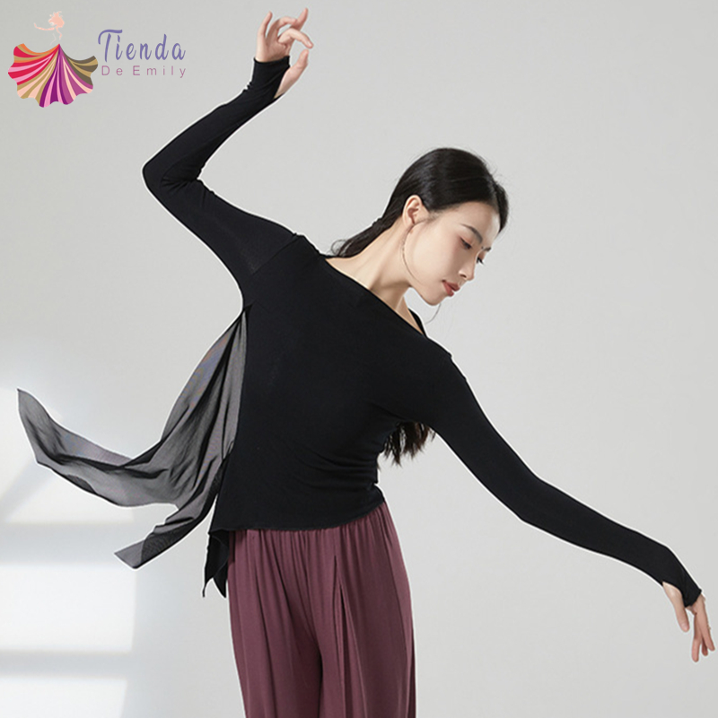 Haut de danse moderne pour femmes, chemise épissée en Tulle à manches longues, ourlet irrégulier, vêtements d'entraînement latin, haut Slim, chemisier à trous pour les pouces, vêtements de danse