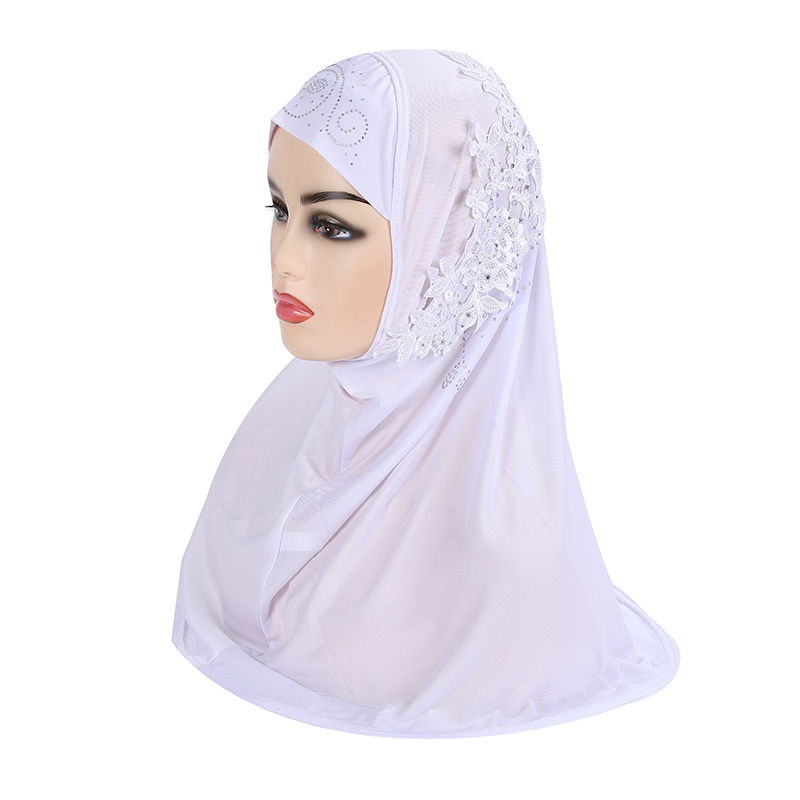 H027 Magnifique Hijab Musulman pour Adolescentes avec Dentelle et Pierres, Écharpe Islamique, Châle, Foulard, Chapeau Armia, à Enfiler, Cadeau de Ramadan