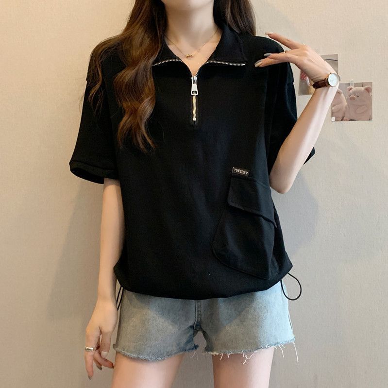 Vêtements pour femmes de grande taille, t-shirt à manches courtes, couleur unie, décontracté et fin, polyvalent, avec fermeture éclair, nouvelle collection printemps et été