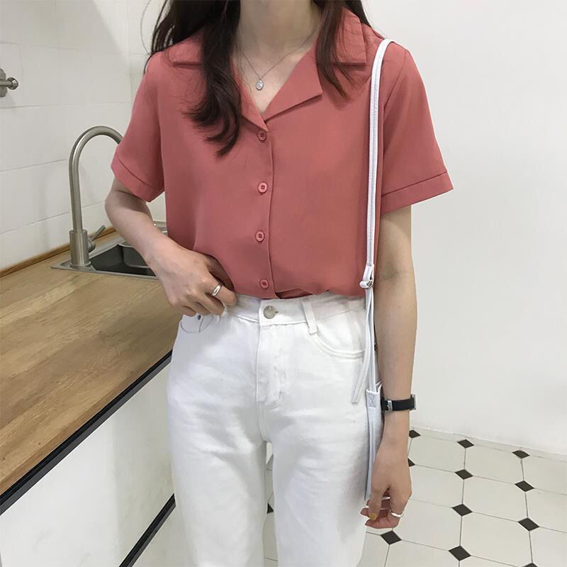 Chemisier en mousseline de soie pour femme, chemise élégante, manches courtes, col en V, décontracté, solide, coréen, chic, simple, tunique, été