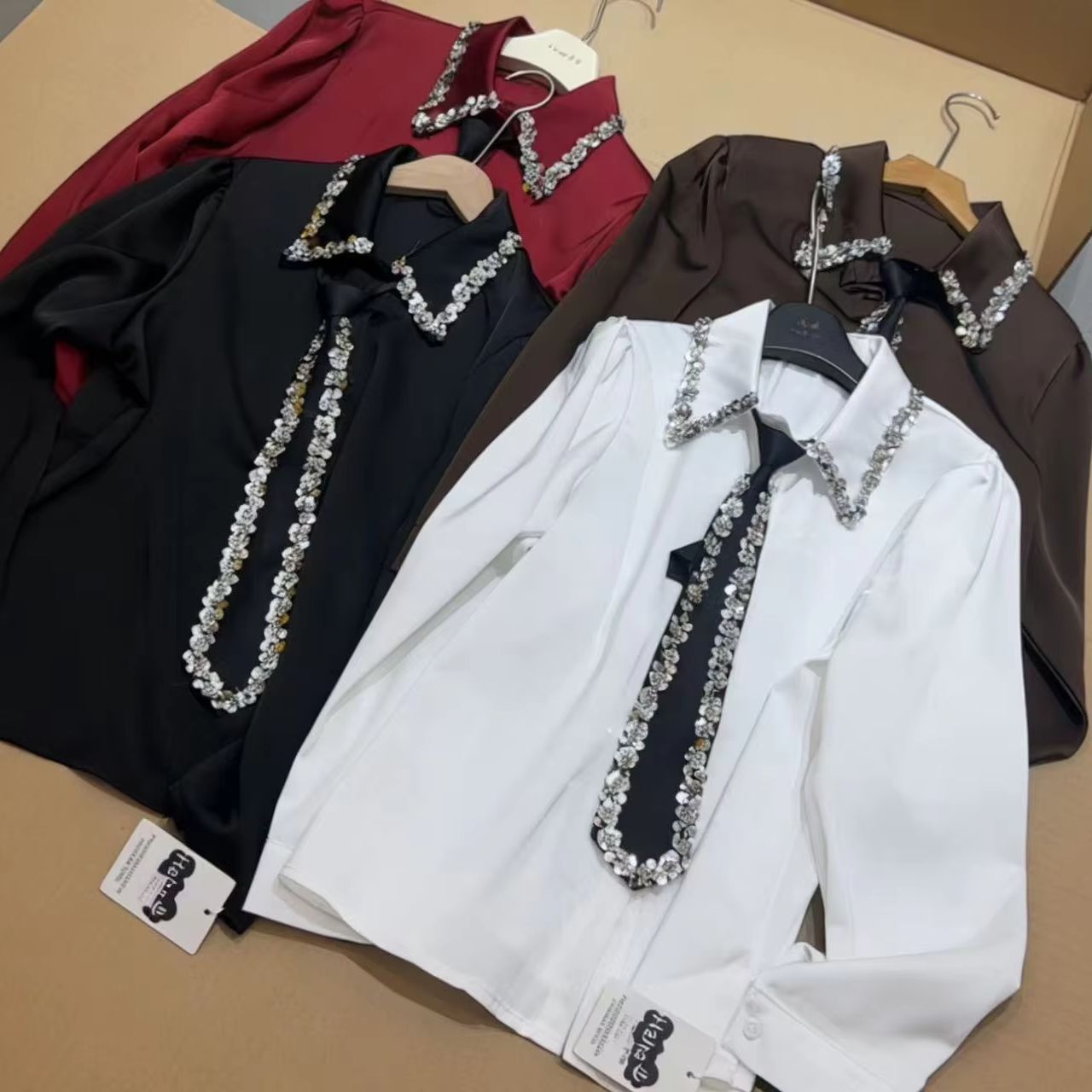 Chemisier blanc de luxe à sequins et cravate pour femme, nouvelle collection printemps-automne, chemisier en satin pour femme, hauts de bureau, vêtements de soirée pour femme