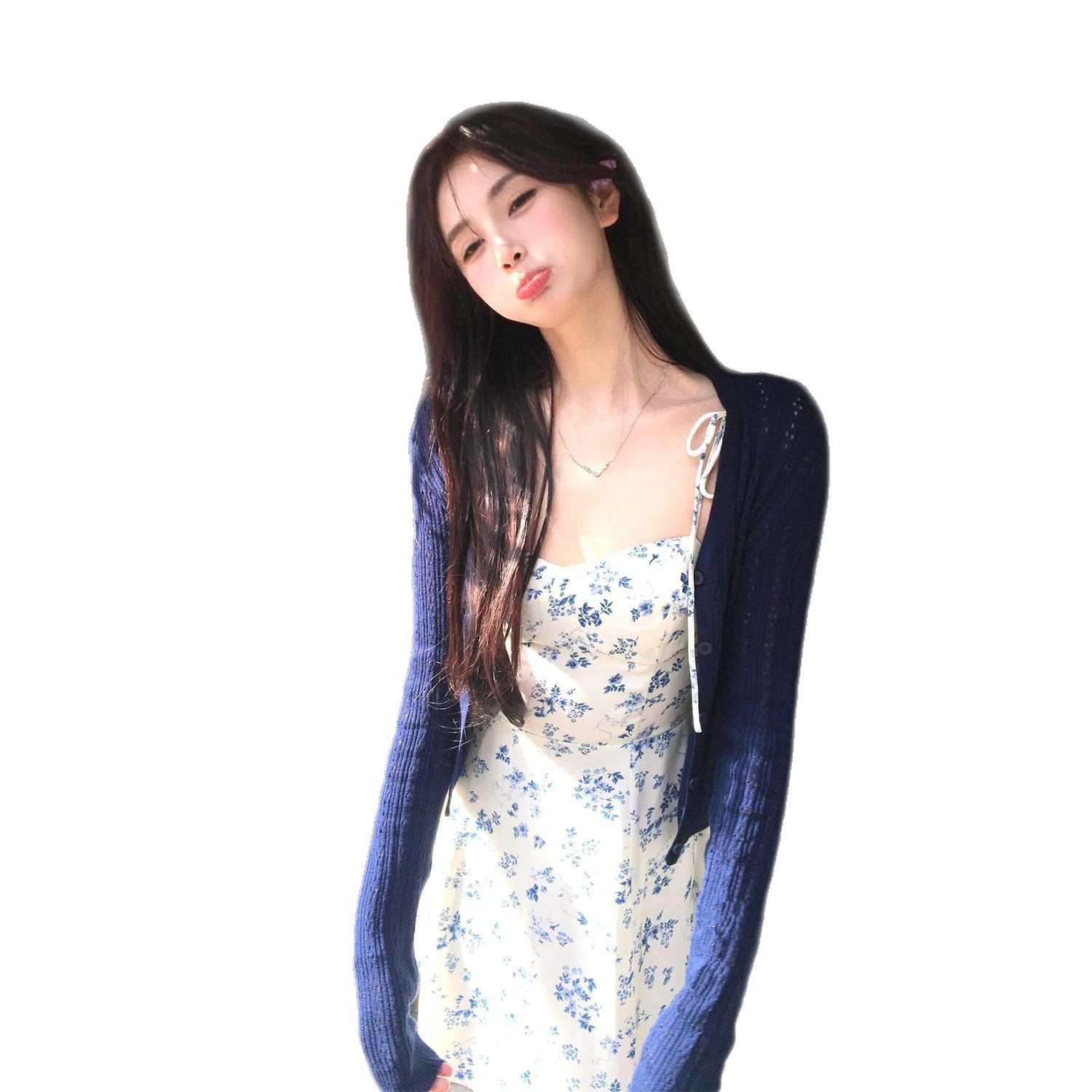 Robe à imprimé floral bleu, ensemble deux pièces pour femme, style français, cardigan doux, jupe élégante à taille haute, style A, pour le début de l'automne