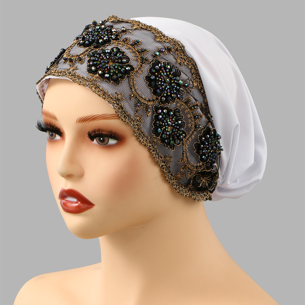 Chapeau de luxe en dentelle brodée de perles, casquettes en tissu maille, Tube de perles associé à un fil de diamant, chapeau brodé pour femmes arabes de dubaï