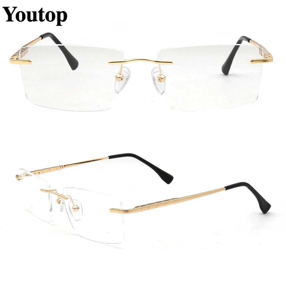 Montures de lunettes rectangulaires sans monture pour hommes, lunettes optiques carrées en métal d'affaires, lunettes légères, or, argent, noir