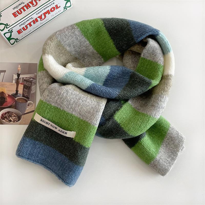 Écharpe Mohair à rayures arc-en-ciel pour hommes et femmes en hiver, écharpe courte en laine à rayures bloquant les couleurs, écharpe courte chaude pour étudiants