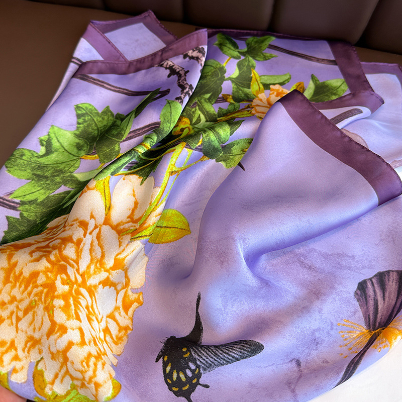 Foulard imprimé floral violet pour hommes et femmes, écharpes carrées, hijab féminin, satin doux, écharpes de la présidence, décoration décontractée, cravates de cou pour dames, 70cm