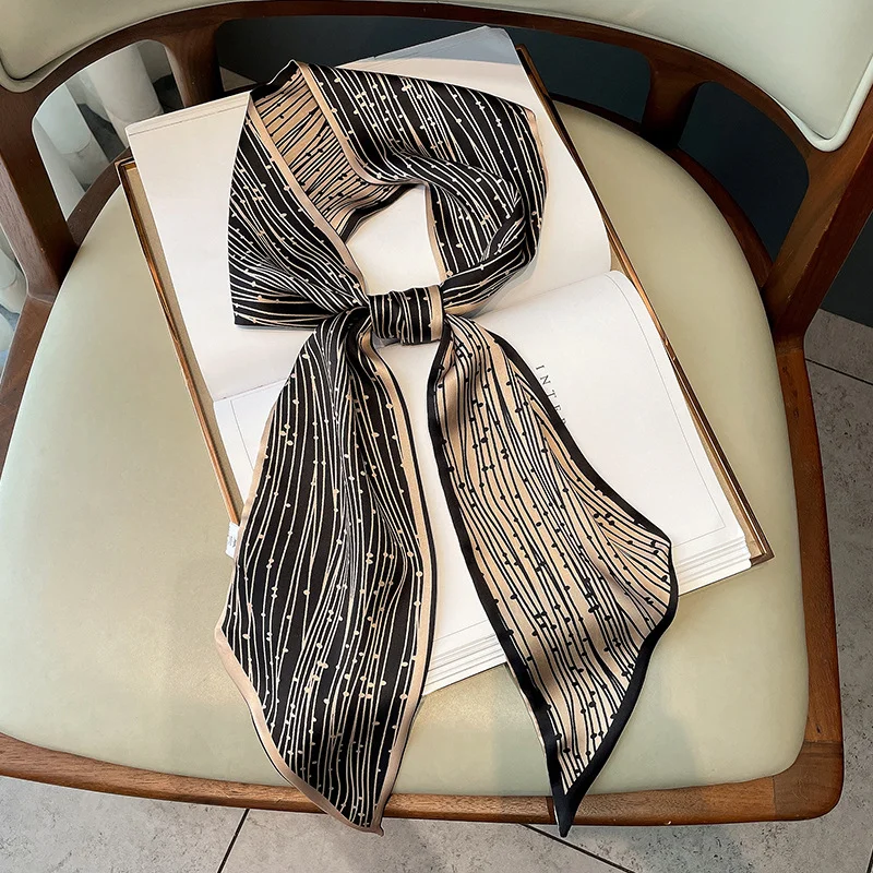 Printemps/été luxe longue foulard en soie femme imprimer mince foulard étroit sac bandeau de cheveux ruban écharpes femmes Imitation soie foulard