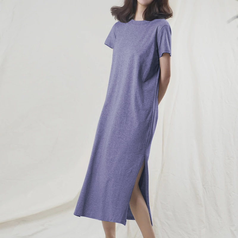Robe d'été décontractée pour femme en 94 % coton, unie, à manches courtes, fendue, longue, style midi, robe de soleil tendance, vêtement féminin
