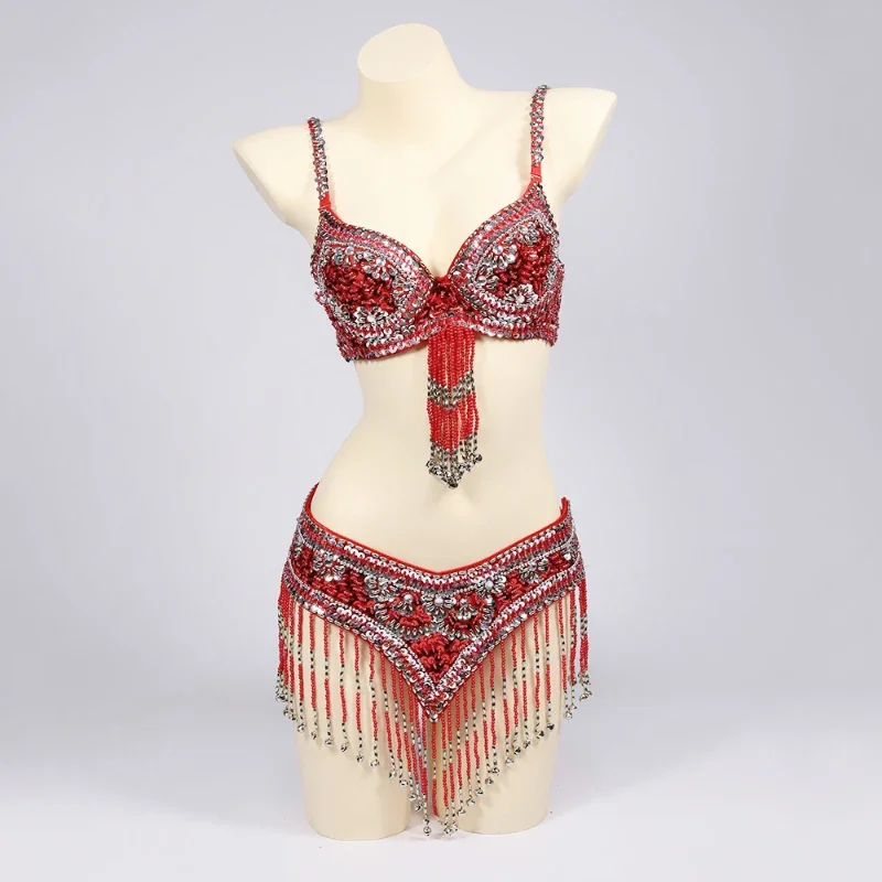 Ensemble de danse 2 pièces pour femme, style oriental, avec soutien-gorge et ceinture ornés de paillettes et de strass, pour spectacle