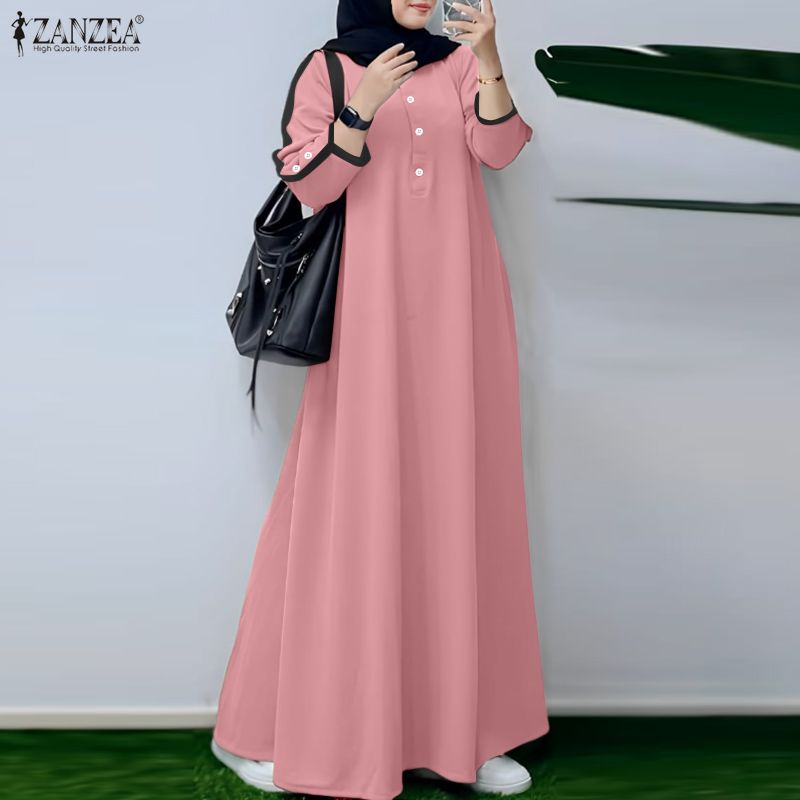 Robe Abaya Musulmane à la Mode 2026 ZANZEA Robe de Ramadan Robe Maxi Longue Printemps Femme Col Rond Manches Longues Robe d'été Kaftan Robes de l'Aïd