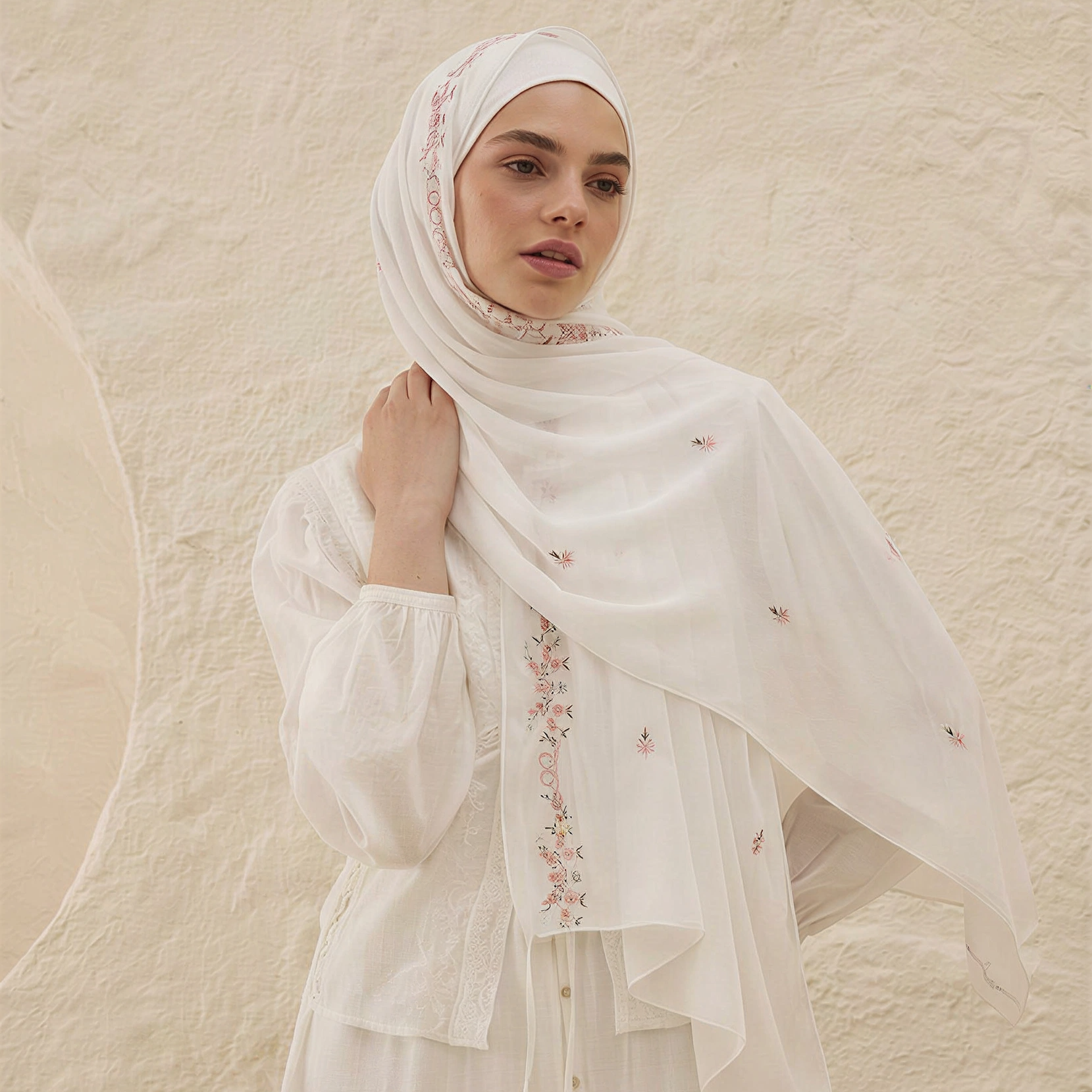 Voile Hijab en Chiffon Brodé Floral Ramadan pour Femme, Foulard Uni Premium, Châle, Turban, Bandana 170*70cm