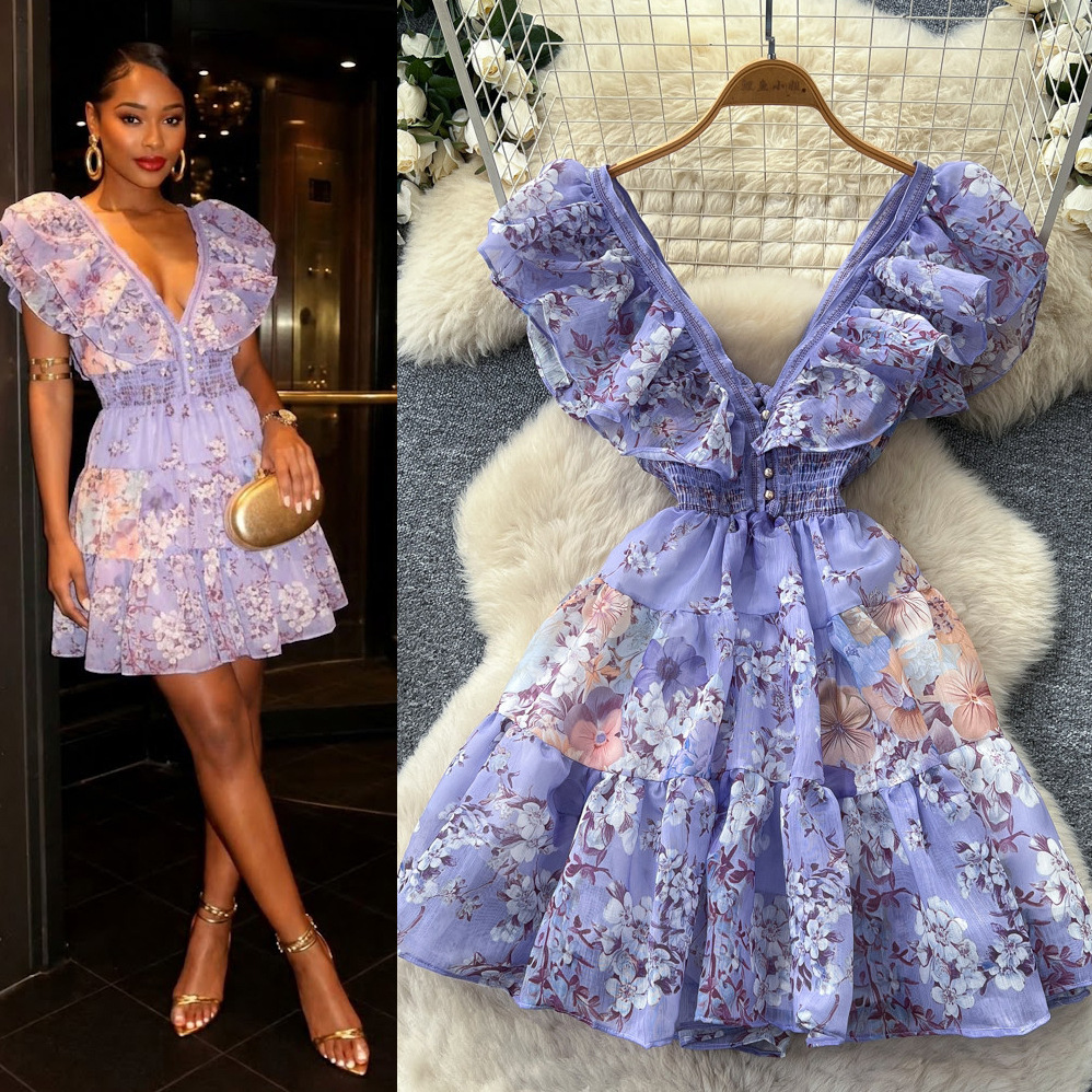 Robe Courte Femme Coupe Trapèze Y2K Streetwear Col V Sans Manches Imprimé Floral Élégante Volants Soirée Travail 2026