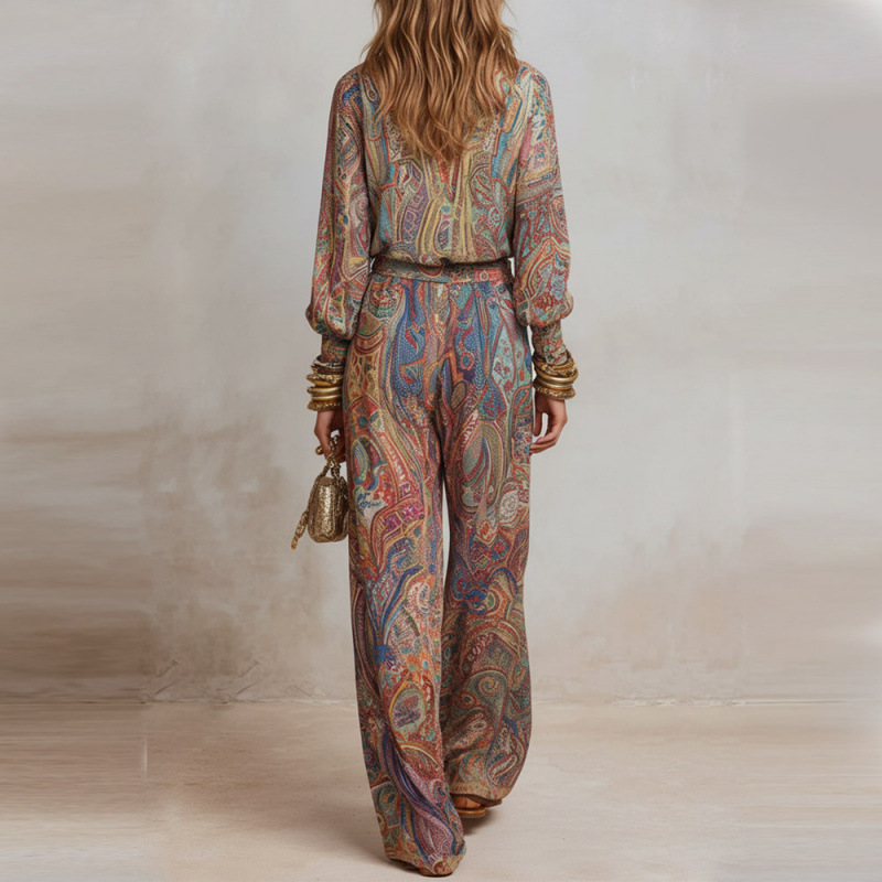 Ensemble deux pièces bohème pour femme, imprimé cachemire, haut à manches longues et col en V, pantalon large, tenue décontractée pour les vacances