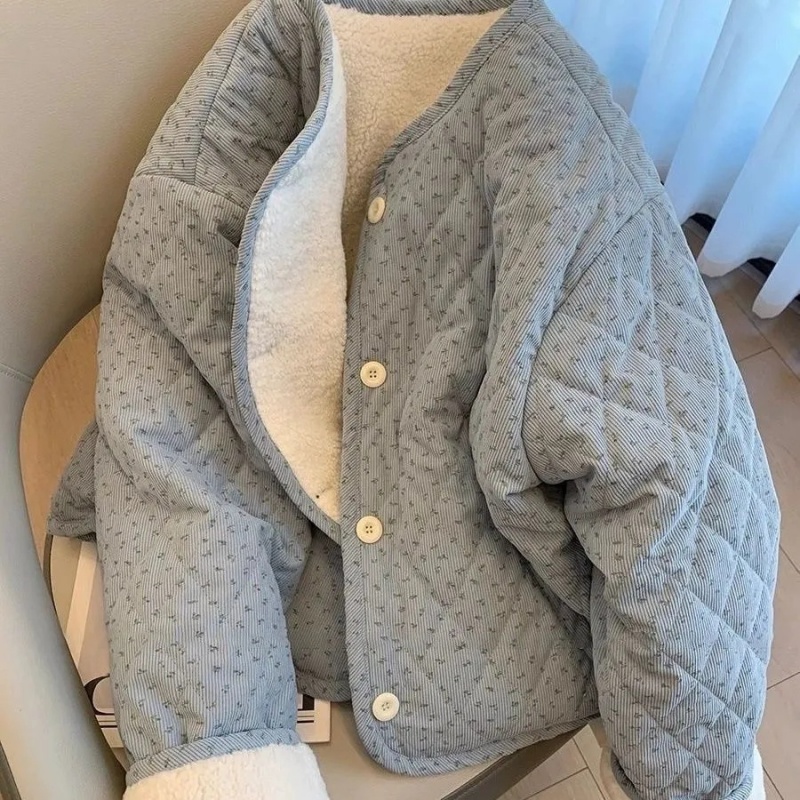 Veste Chic en velours côtelé à fleurs pour femmes, haut coréen en coton à manches longues et col rond, coupe ample, chaud et polyvalent, automne hiver