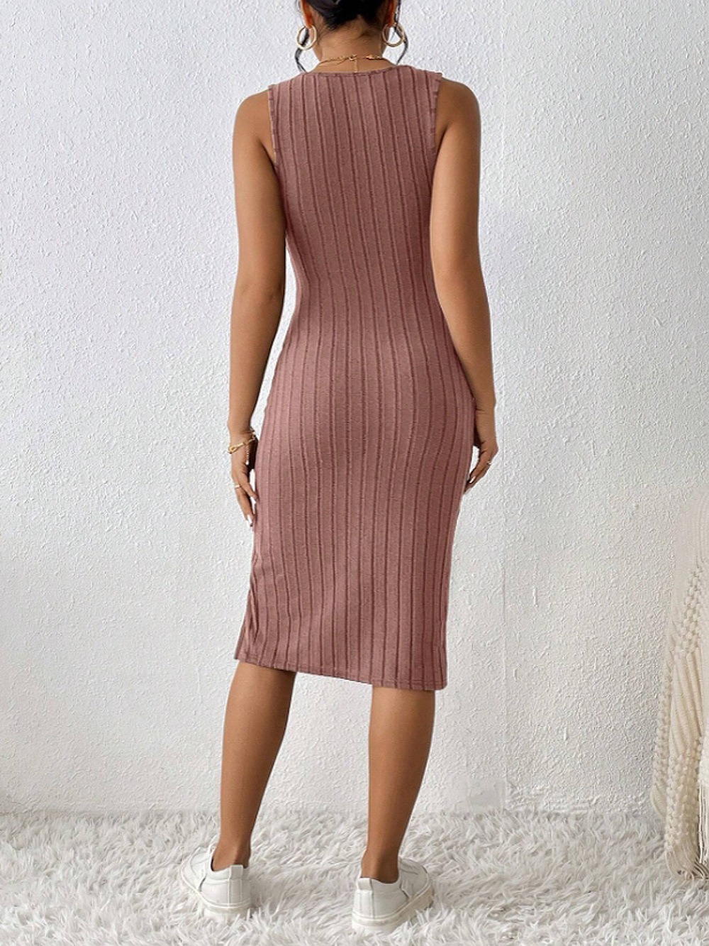 Robe-jupe évasée fendue rayée unie printemps/été, robe débardeur ajustée pour femme