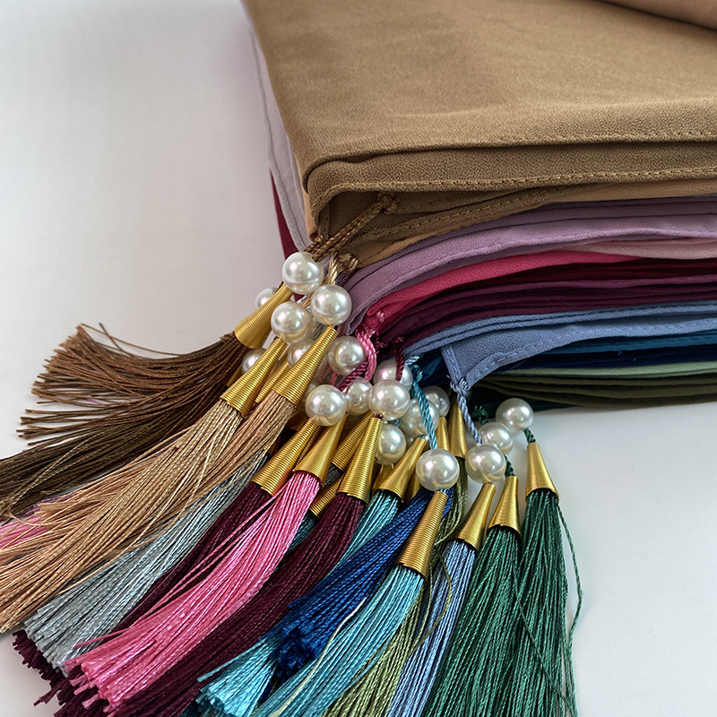 Hijab en mousseline de soie à bulles pour femmes, décoration de gland, document solide, longs châles féminins, foulard, bande de sauna, turbans islamiques pour femmes