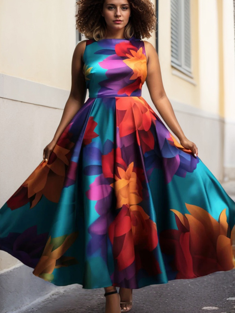Robe débardeur imprimée florale pour femmes, col rond plissé, ligne a, Vintage, décontractée, élégante, ethnique, sans manches, robe longue d'été