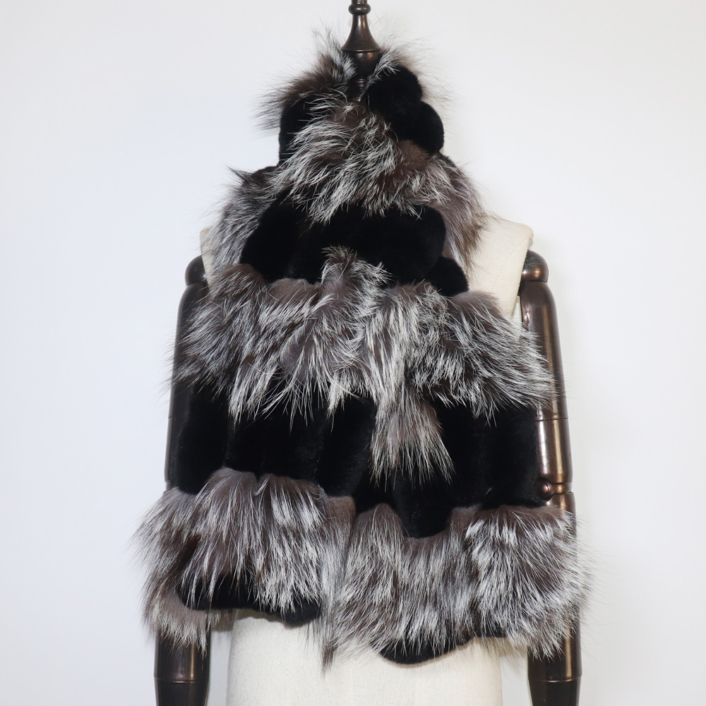 Écharpe en fourrure de lapin avec fourrure de renard argenté pour femme, optique chaude, écharpes d'hiver pour femme, cache-cou, tout à la mode, Rex, nouveau
