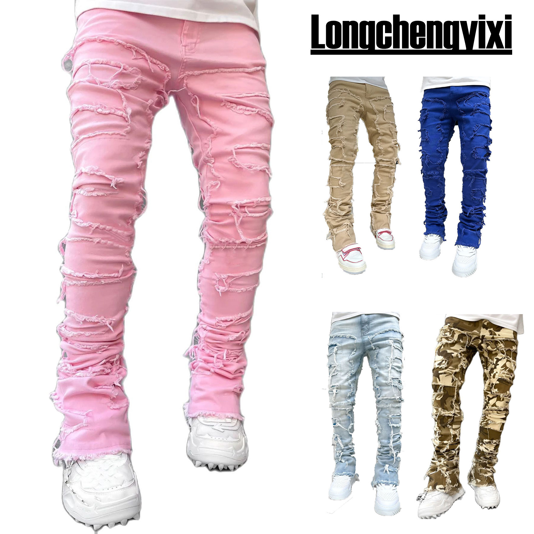 Viser de travail jeans de la nouvelle mode pour hommes, pantalons évasés en couches de denim de patchwork élastique de vêtements de travail de mode européenne et américaine S-XXL