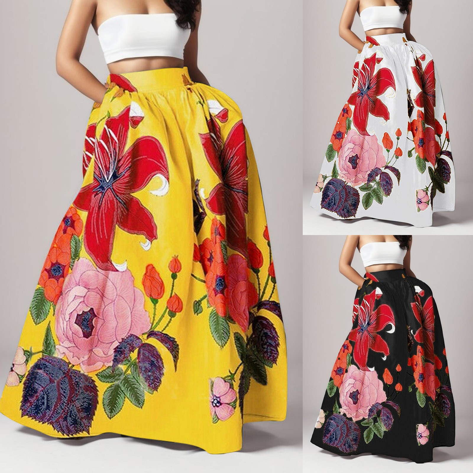 Bohème imprimé fleuri Maxi jupe pour femmes été taille haute fête grande balançoire plage longue jupe élégante dame une ligne jupe Jupes