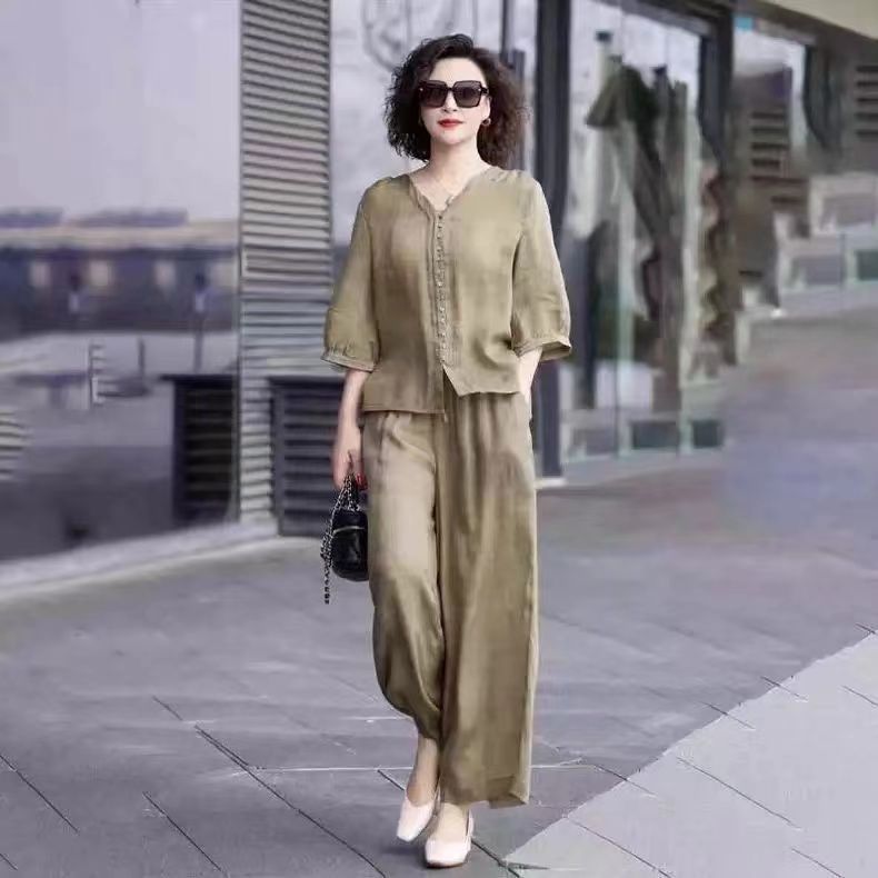 Ensemble Deux Pièces en Coton et Lin pour Femme, Pantalon à Jambes Larges, Col Haut Confortable, Décontracté, à la Mode, Nouvelle Collection Été 2024