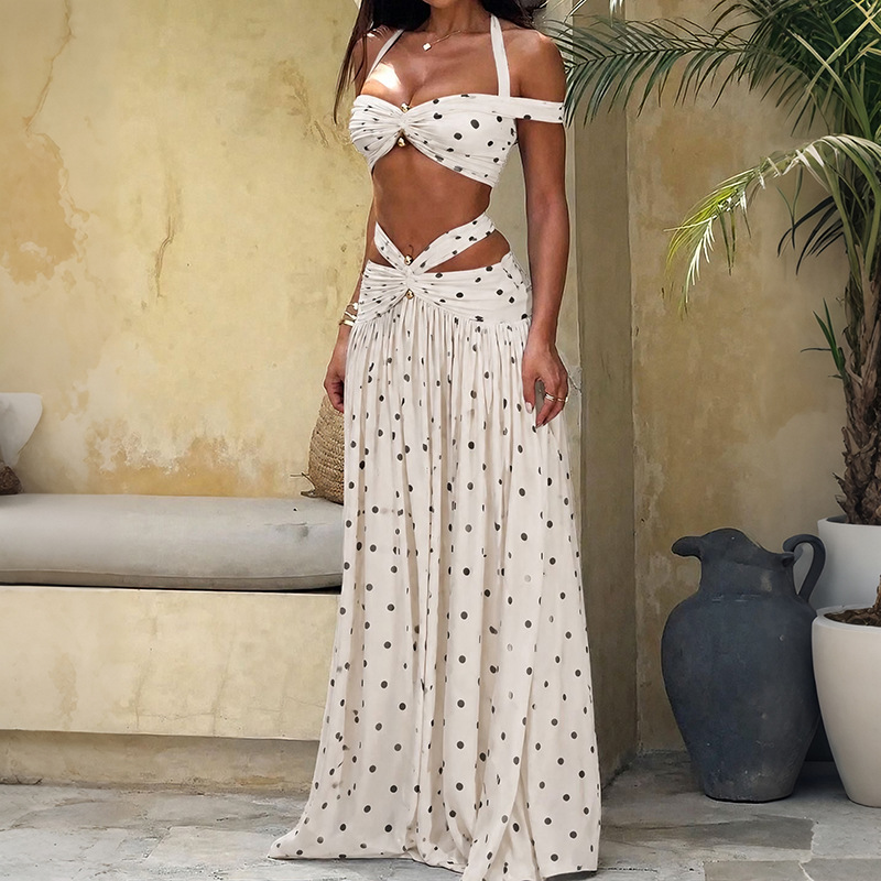 Ensemble 2 pièces de maillot de bain pour femme : haut court et jupe longue, motif rayé ajouré, tenue de plage sexy