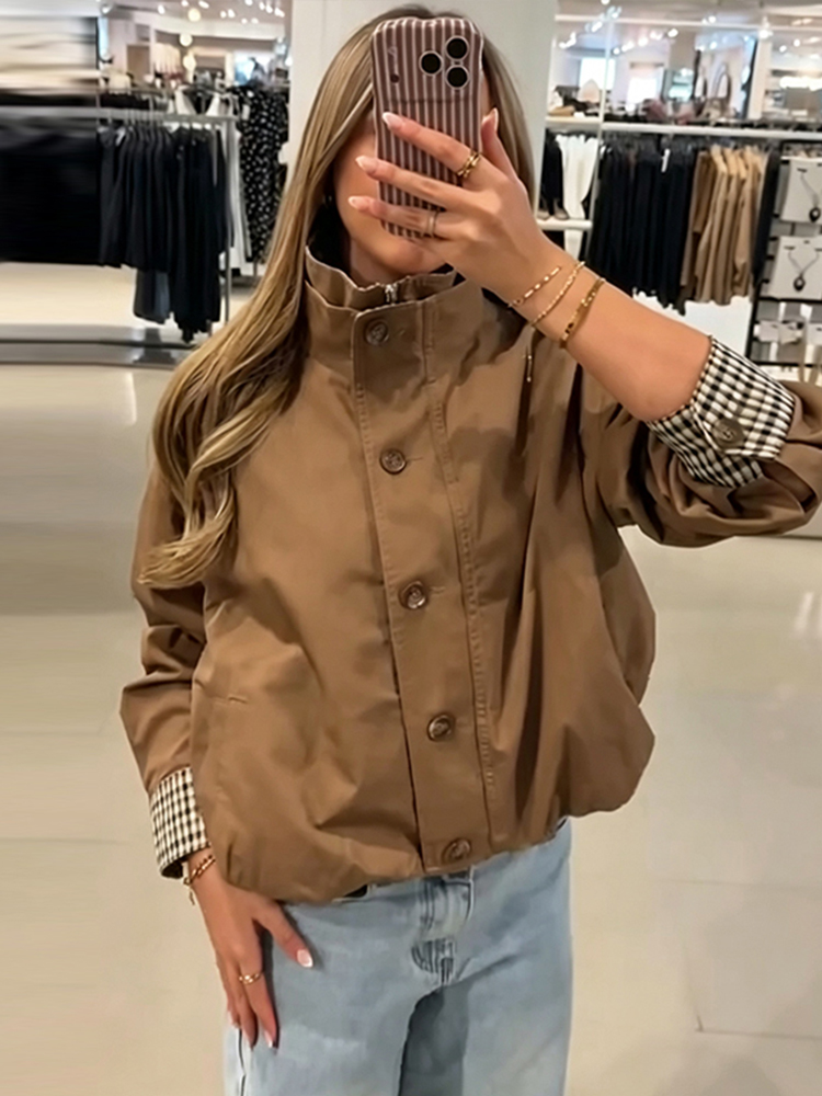 Manteau décontracté patchwork pour femme, élégant, à manches longues, col montant, plissé, vêtement d'extérieur féminin, mode automne-hiver 2026, streetwear pour femme