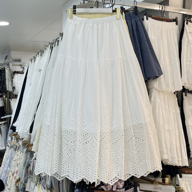 Matakawa dentelle jupes femmes a-ligne solide printemps été élégant évider jupe longue mode coréenne taille haute Faldas Mujer