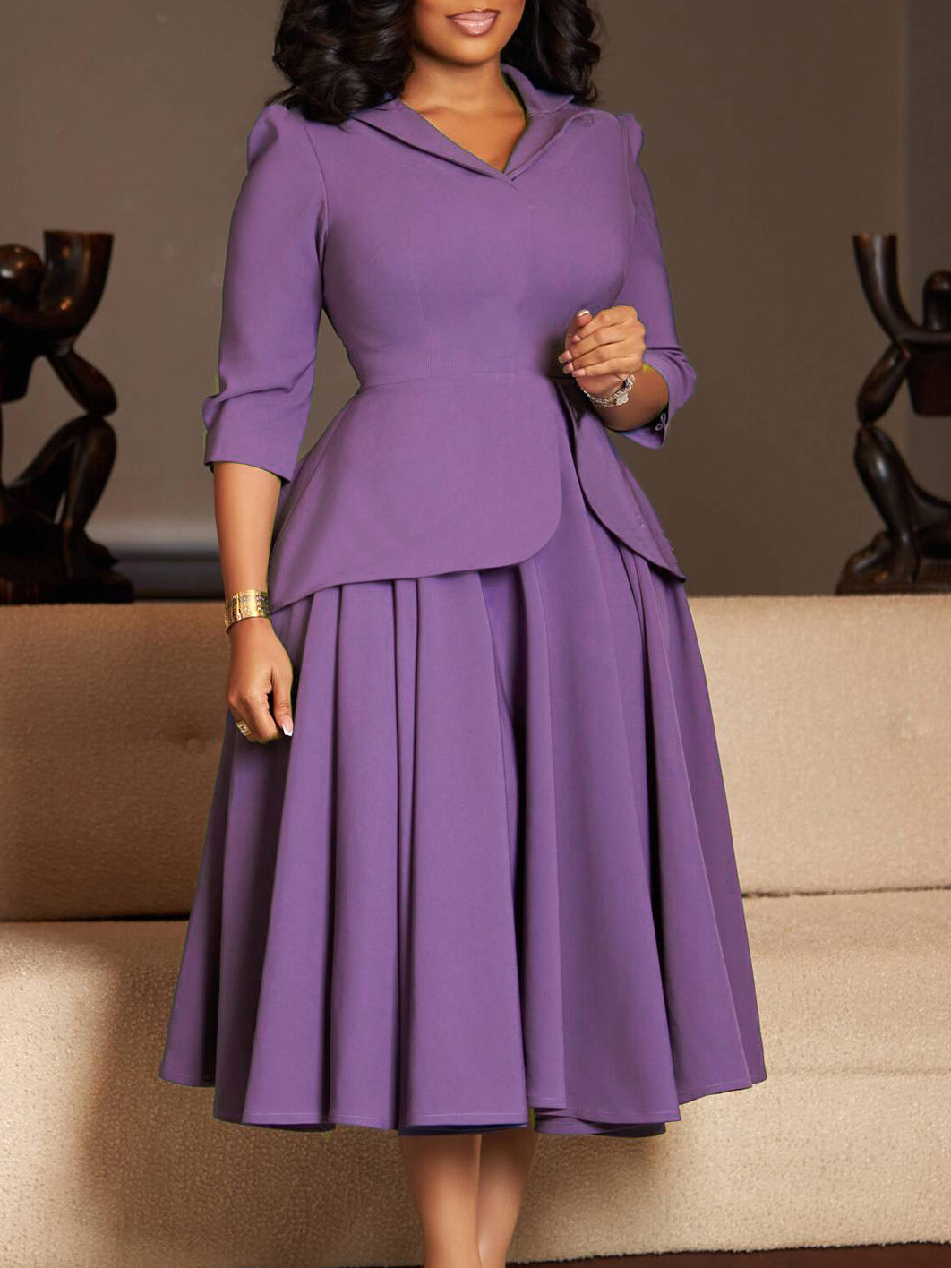 Robe grande taille pour femmes, mode automne printemps, manches trois-quarts, col de costume, couleur unie, avec grande jupe ourlet