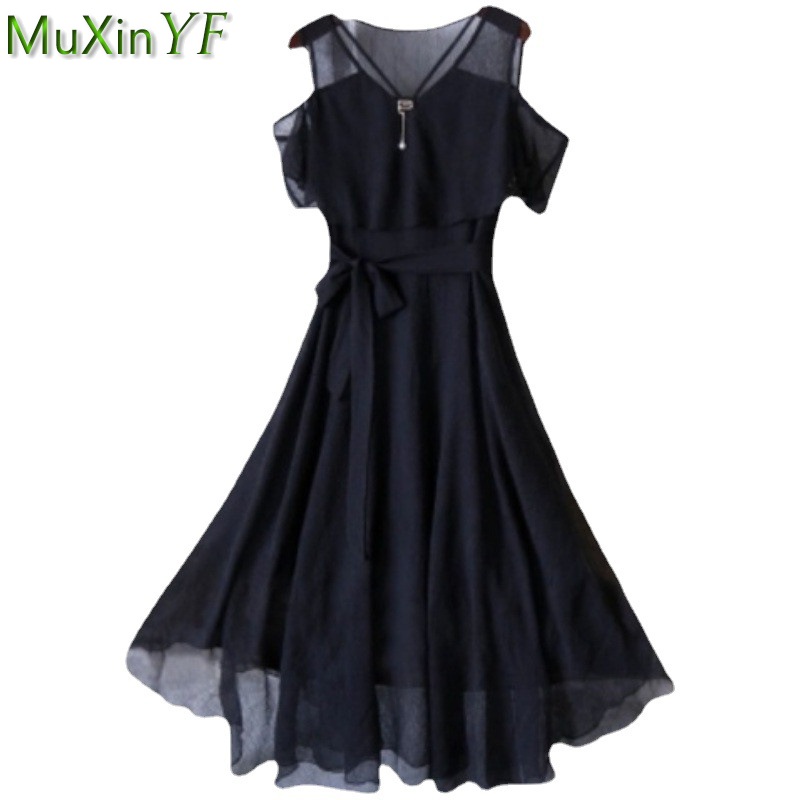 Robe d'été en mousseline de soie pour femmes, tenue de bureau coréenne, gracieuse, décontractée, noire, épaules dénudées, nouvelle mode, vêtements féminins, 2025