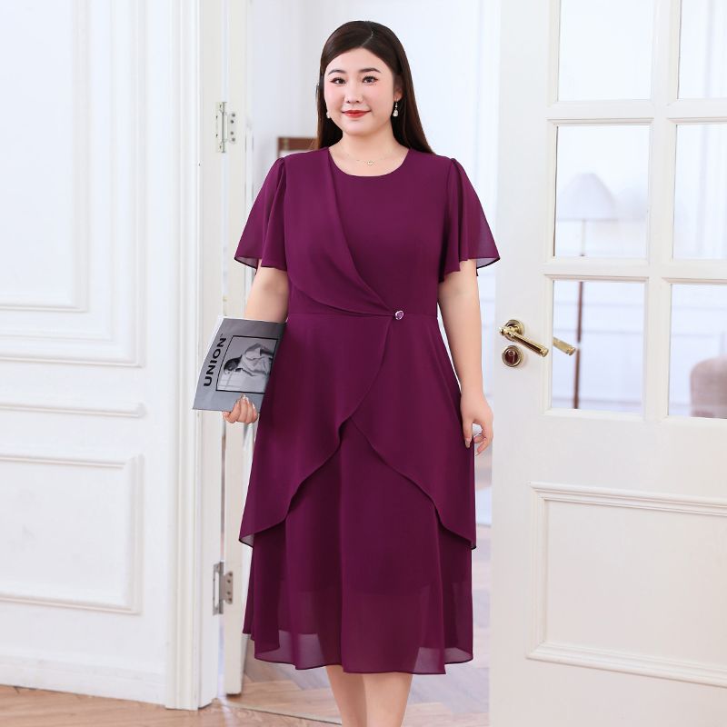 Robe midi à volants pour femmes grandes tailles, couleur unie, manches courtes, col rond, robe de soirée élégante