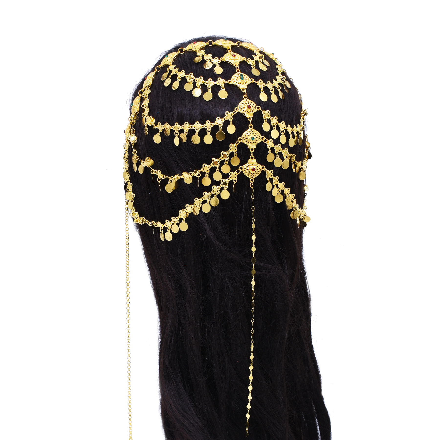 Serre-tête ethnique plaqué or, à plusieurs rangs, avec chaînes et pompons géométriques, bijou de cheveux arabe, turc, kurde, pour mariage, festival, cadeau.