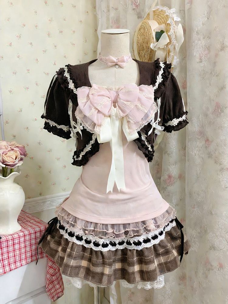 Ensemble de trois pièces japonais pour femmes, chemisier en dentelle à nœud + débardeur + mini-jupe à volants à carreaux, style Y2K vintage kawaii chic coréen