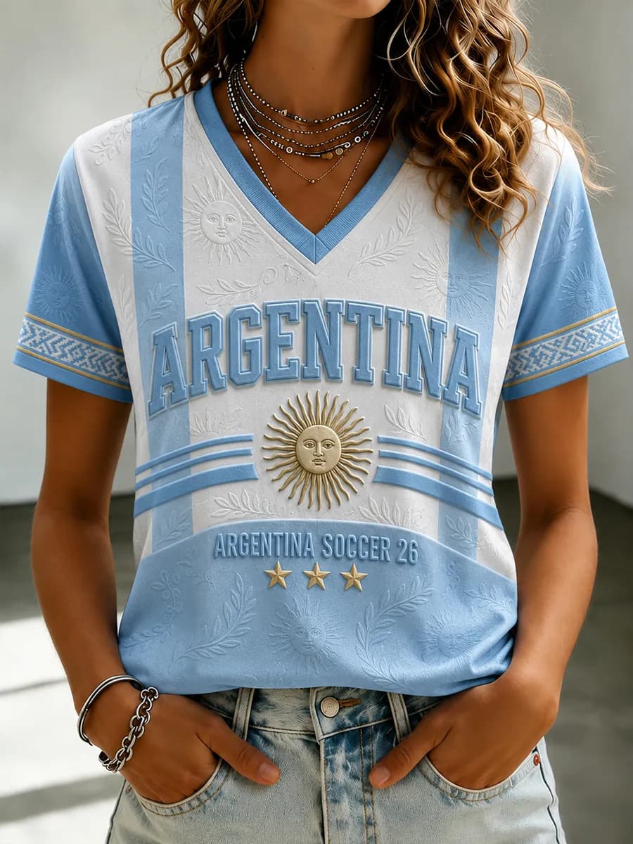 Maillot de football Argentine 2026 pour femme, manches courtes, imprimé national, T-shirt de football respirant et décontracté pour fans