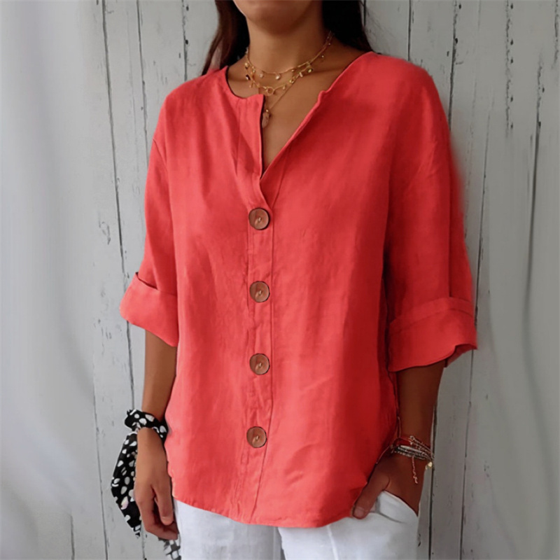 Chemise ample d'été pour femmes, col en v, coton et lin, boutons, chemises décontractées, couleur unie, mode élégante, vêtements de bureau pour femmes, chemisier 2025