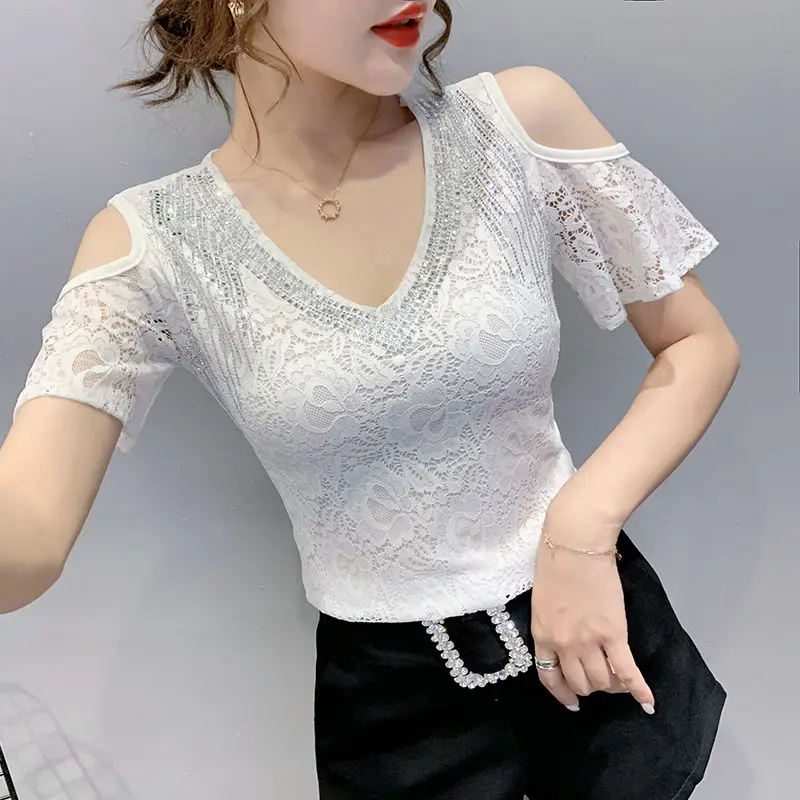 T-shirt à paillettes pour femmes, épaules dénudées, Streetwear coréen, vêtements esthétiques de base, vêtements de vente bon marché, commentaires, vente en gros