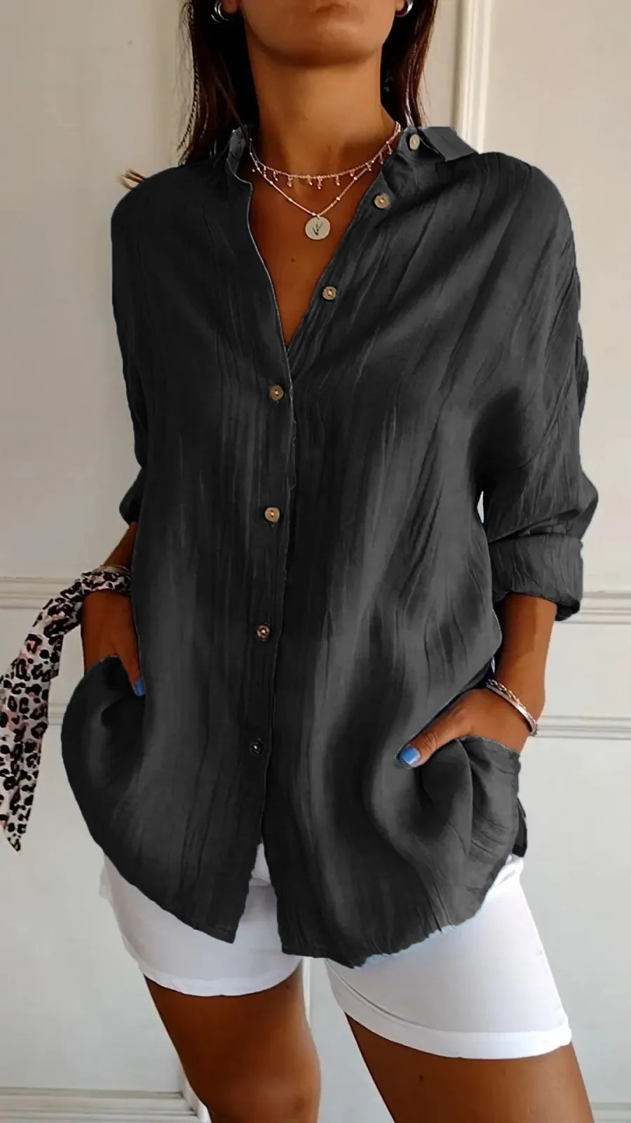 Chemise à revers à manches longues pour femmes, chemise à boutonnage simple, chemisiers en Y pour femmes, chemise décontractée pour documents, monochromatique, marron, noir, blanc, nouvelle mode