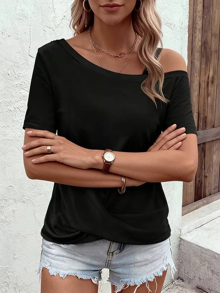 T-shirt femme noir printemps-été à une épaule, manches courtes, ourlet torsadé, coupe ample, élégant et stylé, pour le quotidien et la mode décontractée