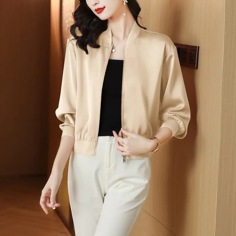 Manteau court en soie pour femmes, col de Baseball lisse, veste courte printemps/été, chemise de protection solaire, haut à manches longues avec fermeture éclair, à la mode, 2025